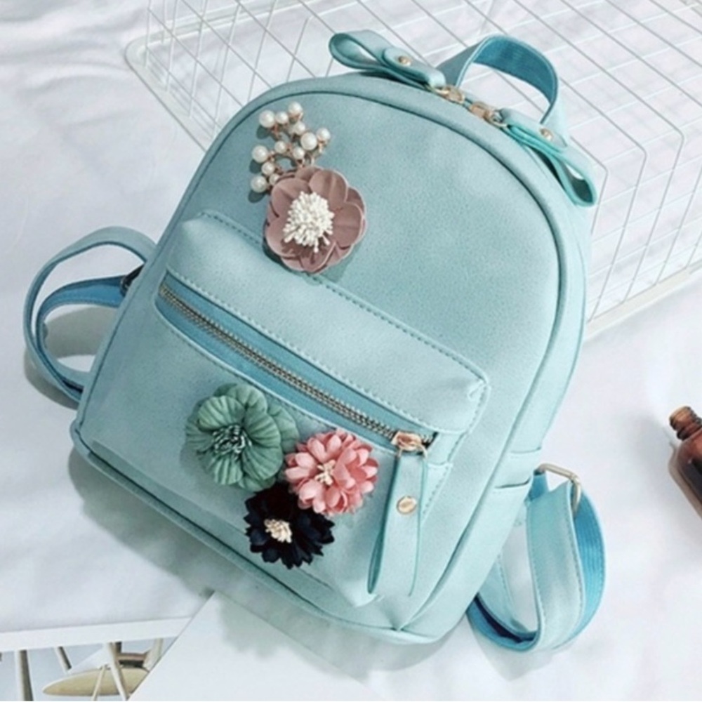 Floral Embellished Light Blue Backpack - Picture 3 of 5